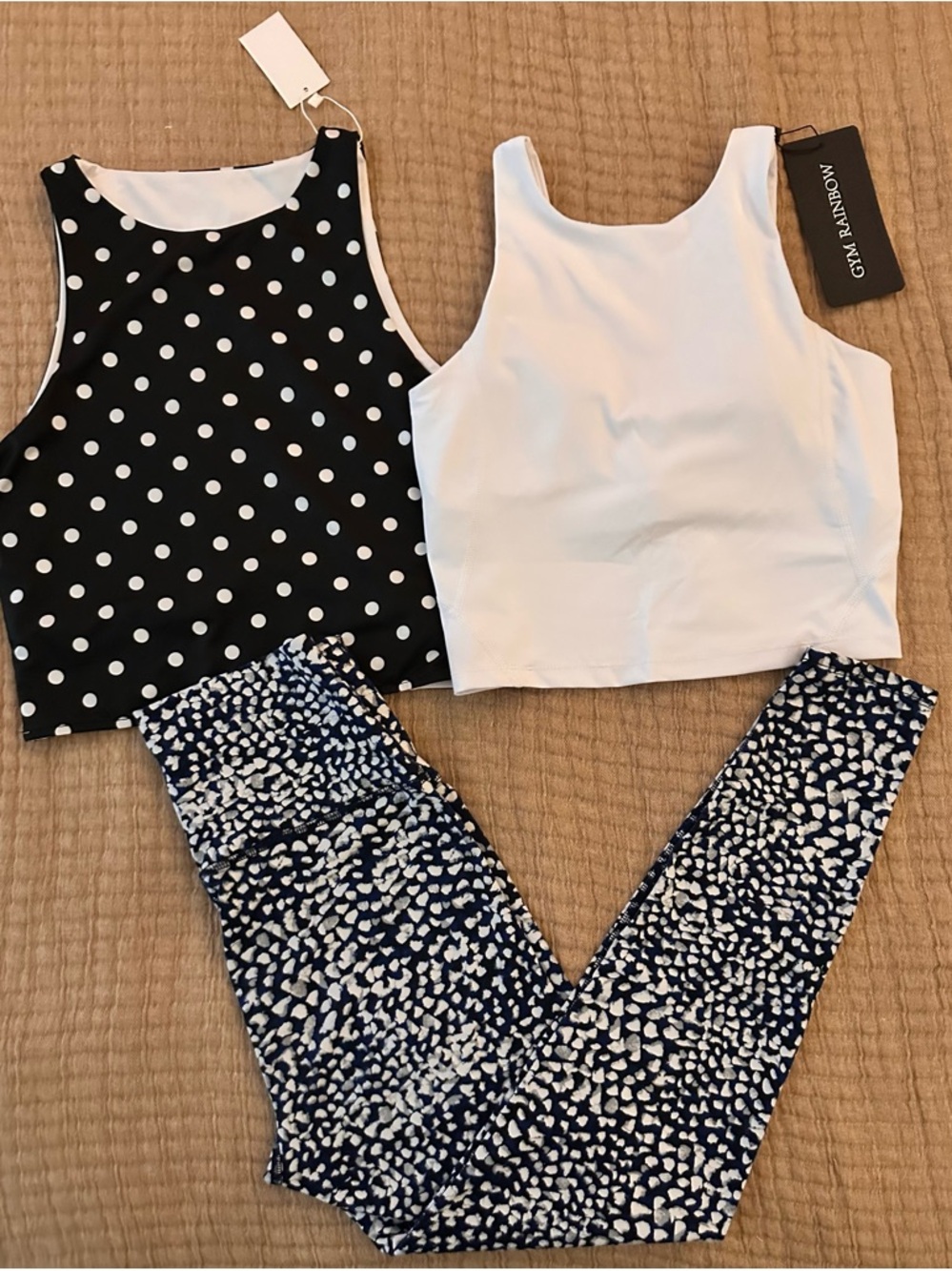 Black Polka Dot and Gym Rainbow White top with Navy Printed Leggings BUNDLE